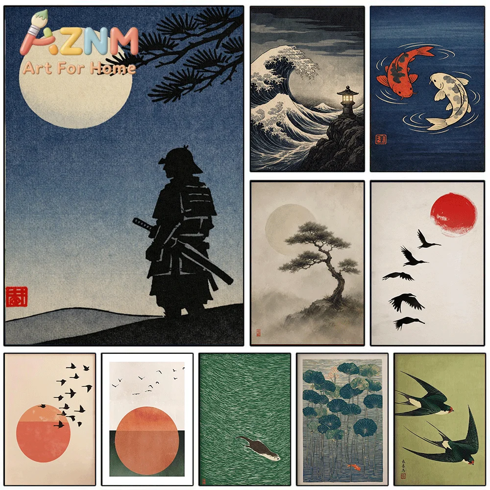 Japanese Ukiyo‑e Style Canvas Print, Vintage Samurai Wave Koi Fish Art Poster, Frameless Canvas Wall Picture for Oriental Aest