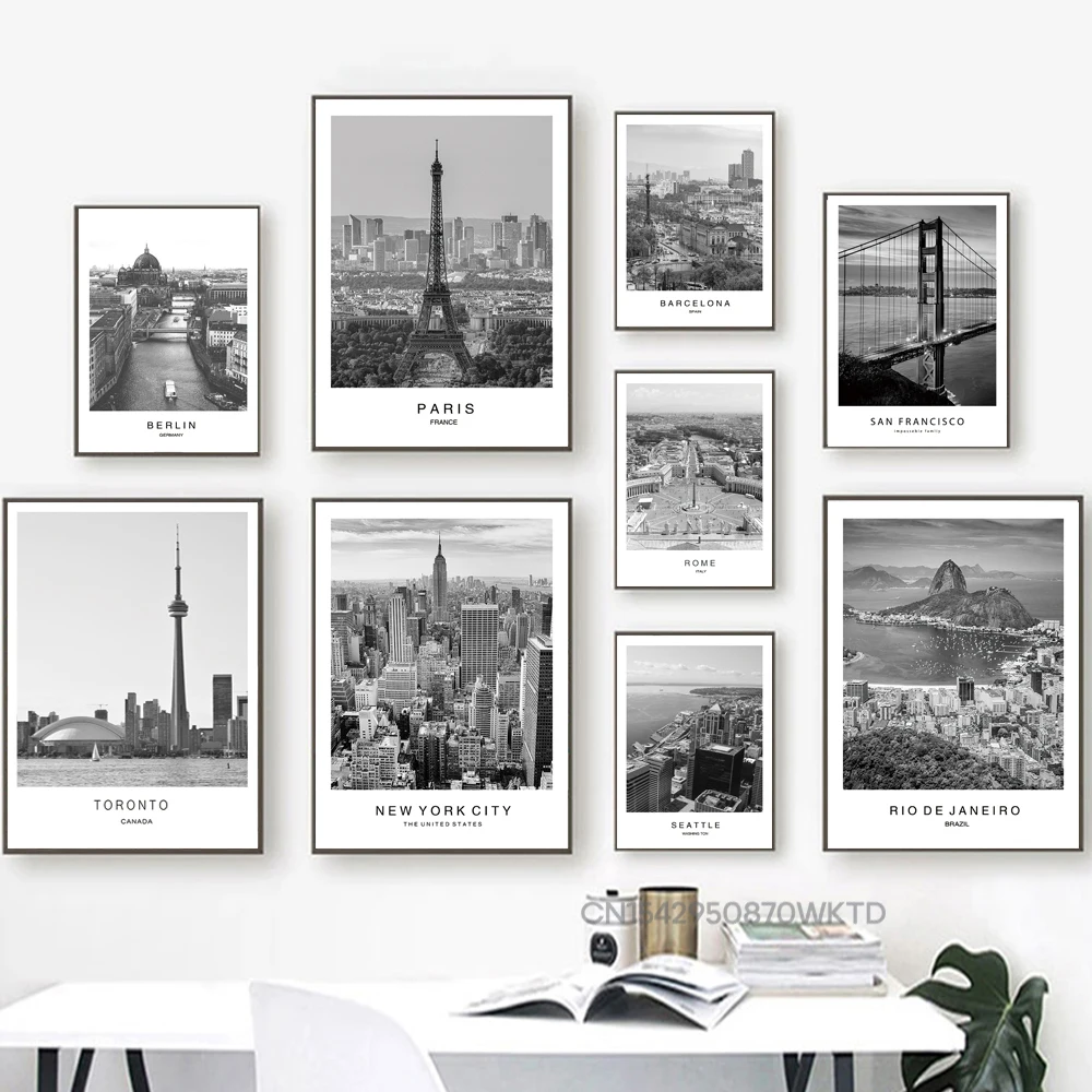 World Famous City Poster New York London Paris Landscape Black White Decorative Paintings Wall Art Picture Photograph Home Decor