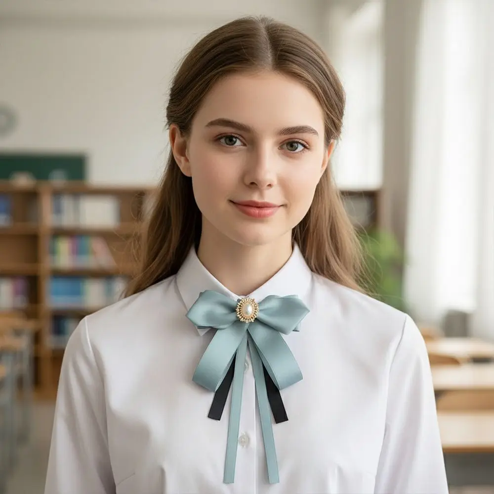 Fashion Ribbon Bow Tie Brooch Crystal Rhinestone Pearl Bowknot Brooches Solid Color School Uniform Accessories Female
