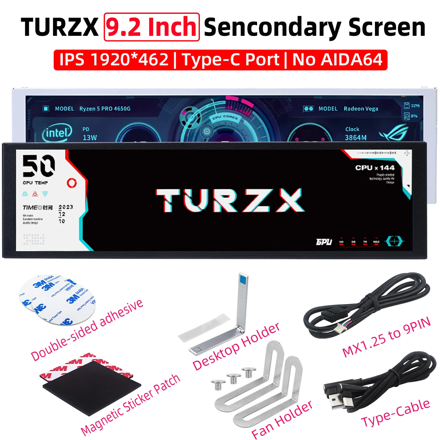 【セール中】TURZX 9.2 インチ USB シャーシセカンダリスクリーン 1920*462 IPS LCD CPU GPU RAM HDD 天気モニターディスプレイ Win7/8/10/11 AIDA64 なし