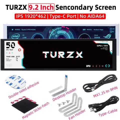 TURZX 9.2 인치 USB 섀시 보조 화면 1920*462 IPS LCD CPU GPU RAM HDD 날씨 모니터 디스플레이 Win7/8/10/11 AIDA64 없음