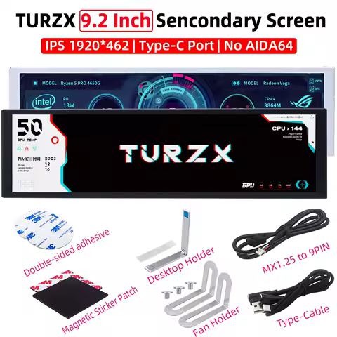 TURZX 9.2 Inch USB Chassis Secondary Screen 1920*462 IPS LCD CPU GPU RAM HDD Weather Monitor Display Win7/8/10/11 No AIDA64