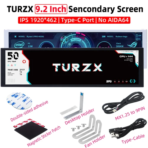 TURZX chasis USB de 9,2 pulgadas pantalla secundaria 1920*462 IPS LCD CPU GPU RAM HDD Monitor meteorológico Win7/8/10/11 No AIDA64