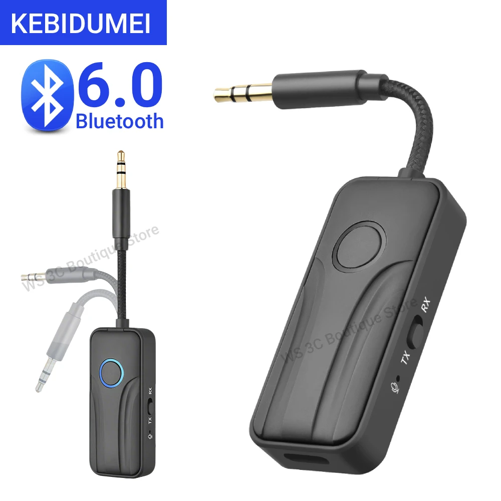 KEBIDUMEI Bluetooth 6.0 Wireless Audio Adapter  2 IN 1 Receiver Transmitter HiFi Stereo Music 3.5MM Mic For Car Airplane TV PC