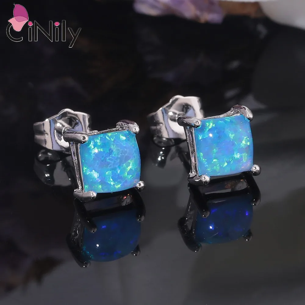 CiNily-pendientes de plata de ley 925 con forma cuadrada para mujer y niña, joyería de ópalo de Fuego Azul, SE018