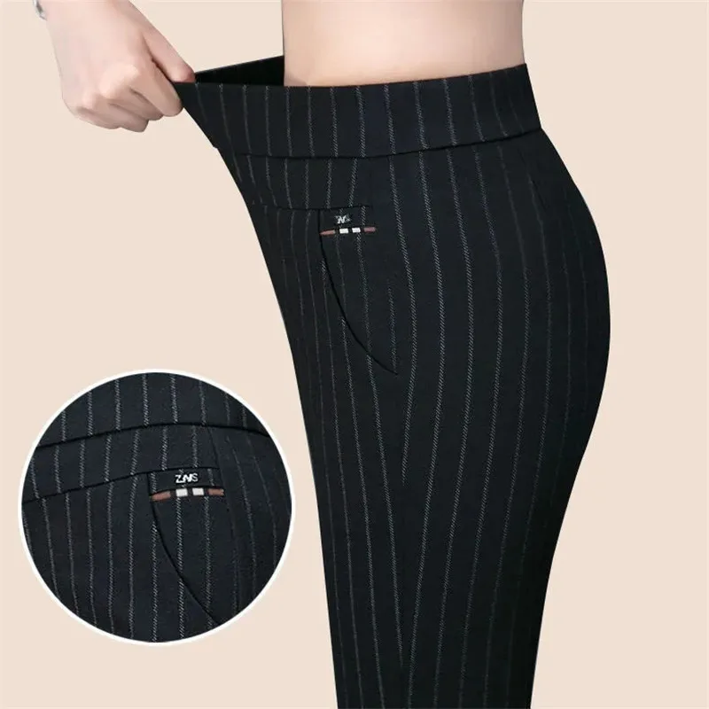 

New Autumn Women Pants High Waist Elastic Middle Aged Mother Stretch Straight Pants Lady Summer Casual Thin Stripe Trousers