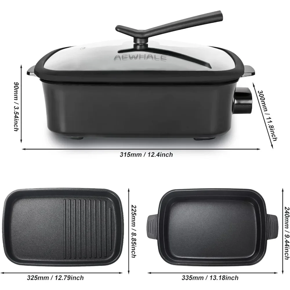 2-in-1 Multifunctional Electric Grill,Indoor Smokeless Electric Griddle Electric Skillet,Removable Non-Stick Plate+Pot+Lid,1400W