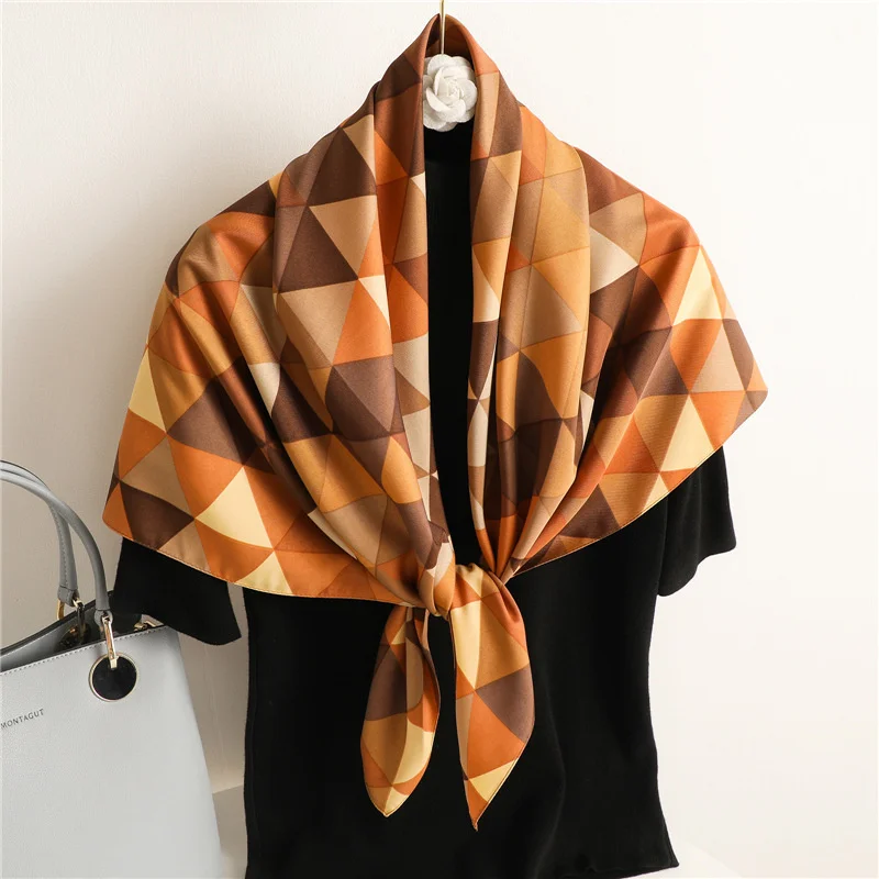 Colorful Triangle Pattern Large Square Scarf 90cm Simple Twill Silk Scarf Travel Sun Protection Shawl Scarf