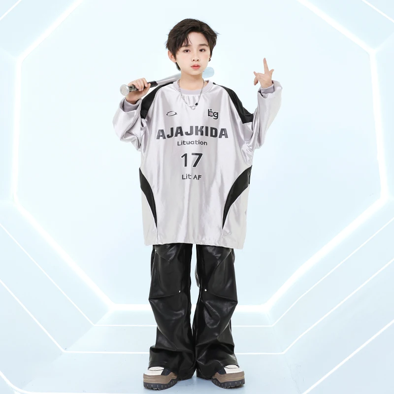 

Girls Hip Hop Sweatshirt Cargo Pants Kids Street Dance Shiny PU Black Pant Clothes Set Children Wasteland Punk K-pop Costumes