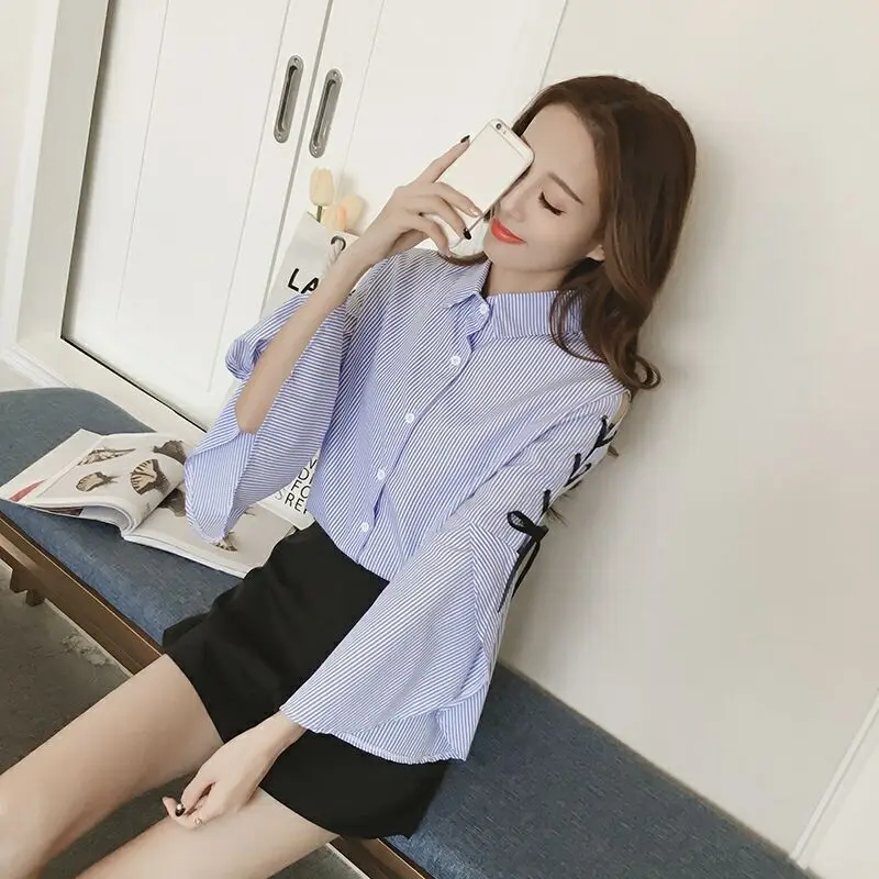 Lace-Up Flare Sleeve Shirt 2022 Fashion Spring Autumn Long Sleeve Shirt Female Elegant Korean Blouses Girls Sweet Casual Tops