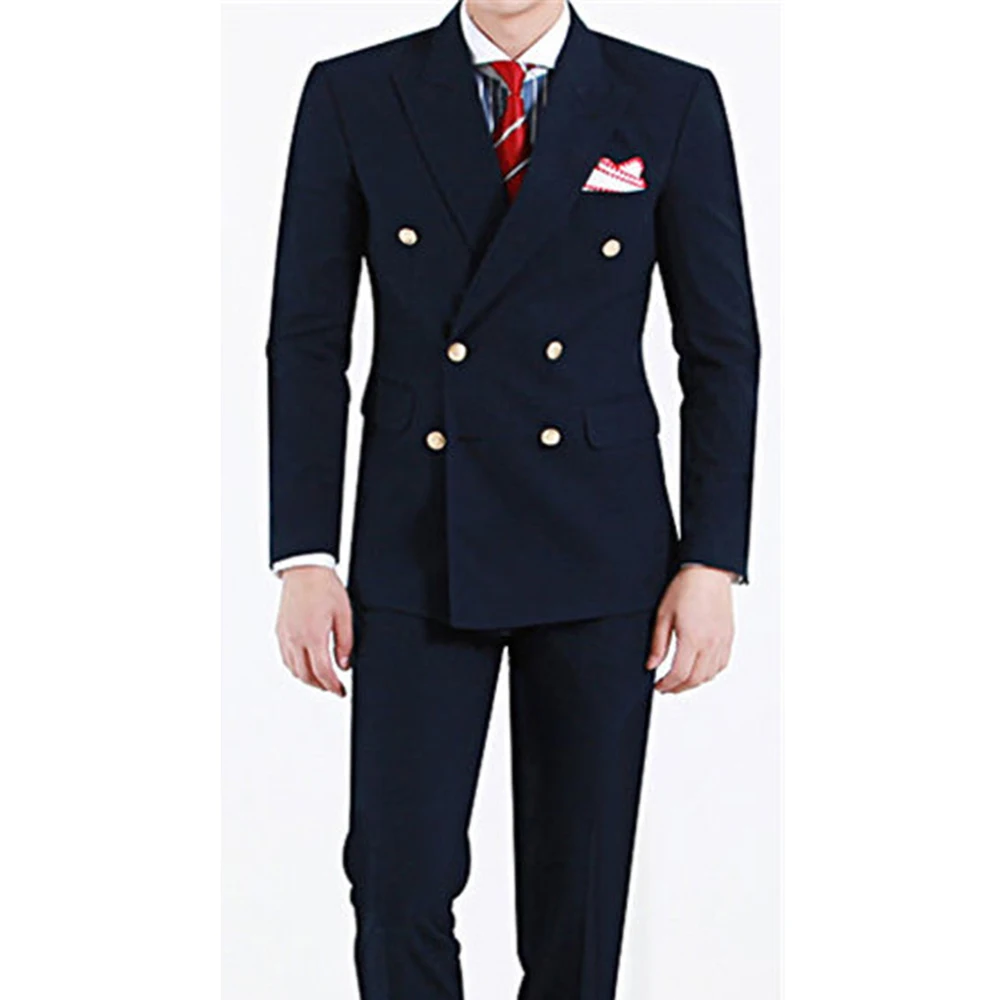 High Quality Suits for Men Navy Blue Fashion Peak Lapel Double Breasted Male Suit Slim Fit Formal Casual Wedding Tuxedo 2 Piece