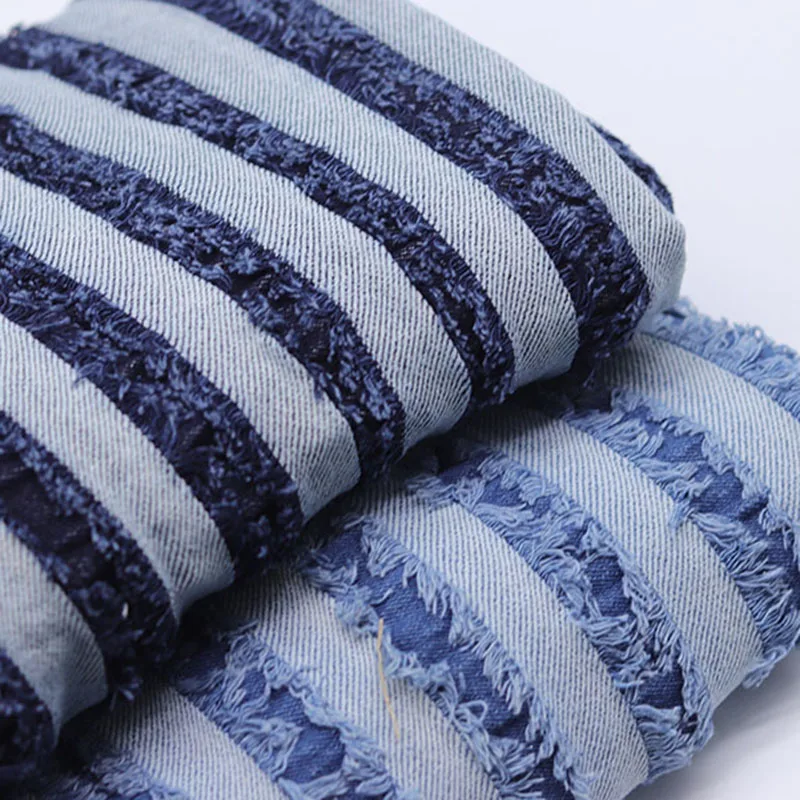 Plaid Striped Tassel Jacquard Denim Fabric Washed By The Meter for Jeans Clothing Coats Sewing Thickened Cloth Winter Diy Drape