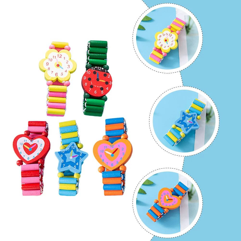 5pcs Children Colorful Bracelet Wooden Watches Bright Cartoon Design Kids Time Learning Educational Gift Simulated Wrist Watch