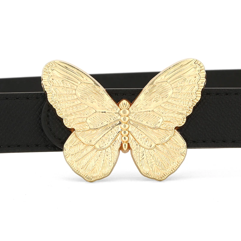 

Women Designer Exquisite Butterfly Slide Buckle Thin Belts High Quality Genuine Leather Lady Fancy Casual Jeans Waist Strap