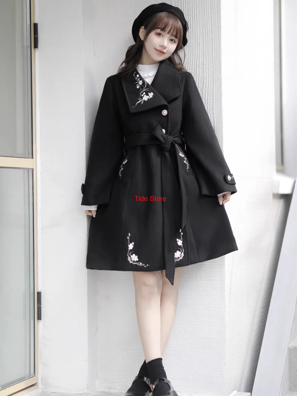 

Улучшенное повседневное китайское утепленное черное шерстяное пальто в стиле ханьфу, длинная куртка для женщин, осень-зима, Лолита