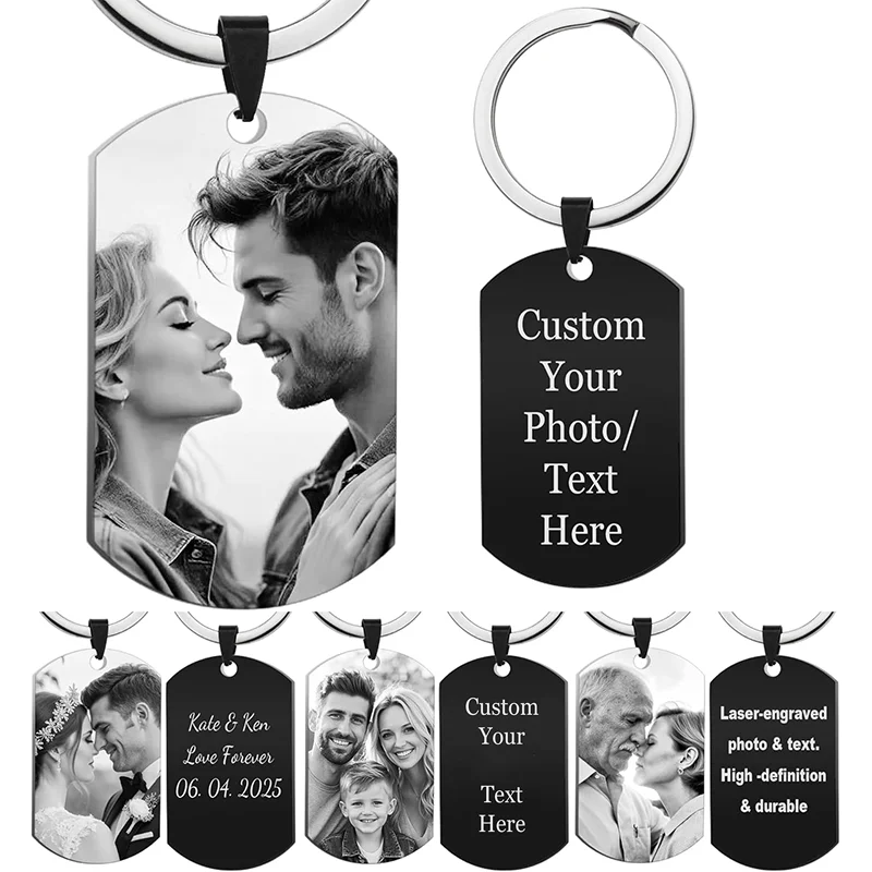 Chaveiro Personalizado com Foto, Chaveiro com Retrato Gravado a Laser, Pingente de Placa Militar em Aço Inoxidável Preto, Chaveiro de Agradecimento para Casamento, Chaveiro Comemorativo de Dia dos Namorados, Presente de Aniversário