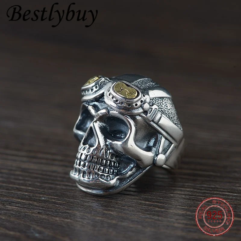 

Real S925 Silver Retro Thai Silver Personalized Skull Head Open Ring for Men's Dominance Punk Jewelry