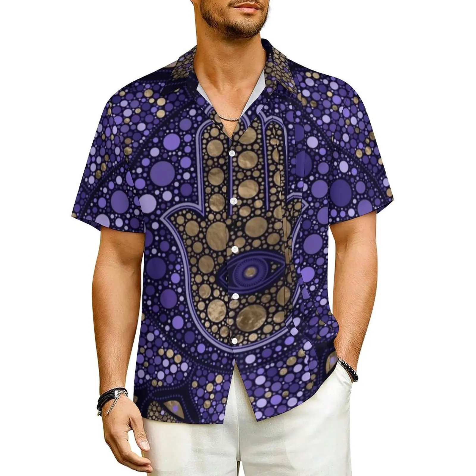 

Hamsa Hand Print Beach Shirt Mens Lotus Mandala Vintage Casual Shirts Hawaiian Short Sleeve Street Graphic Plus Size 4XL Blouses