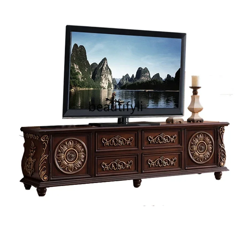 

European TV cabinet solid wood American floor cabinet carved retro hand-painted small apartment living room