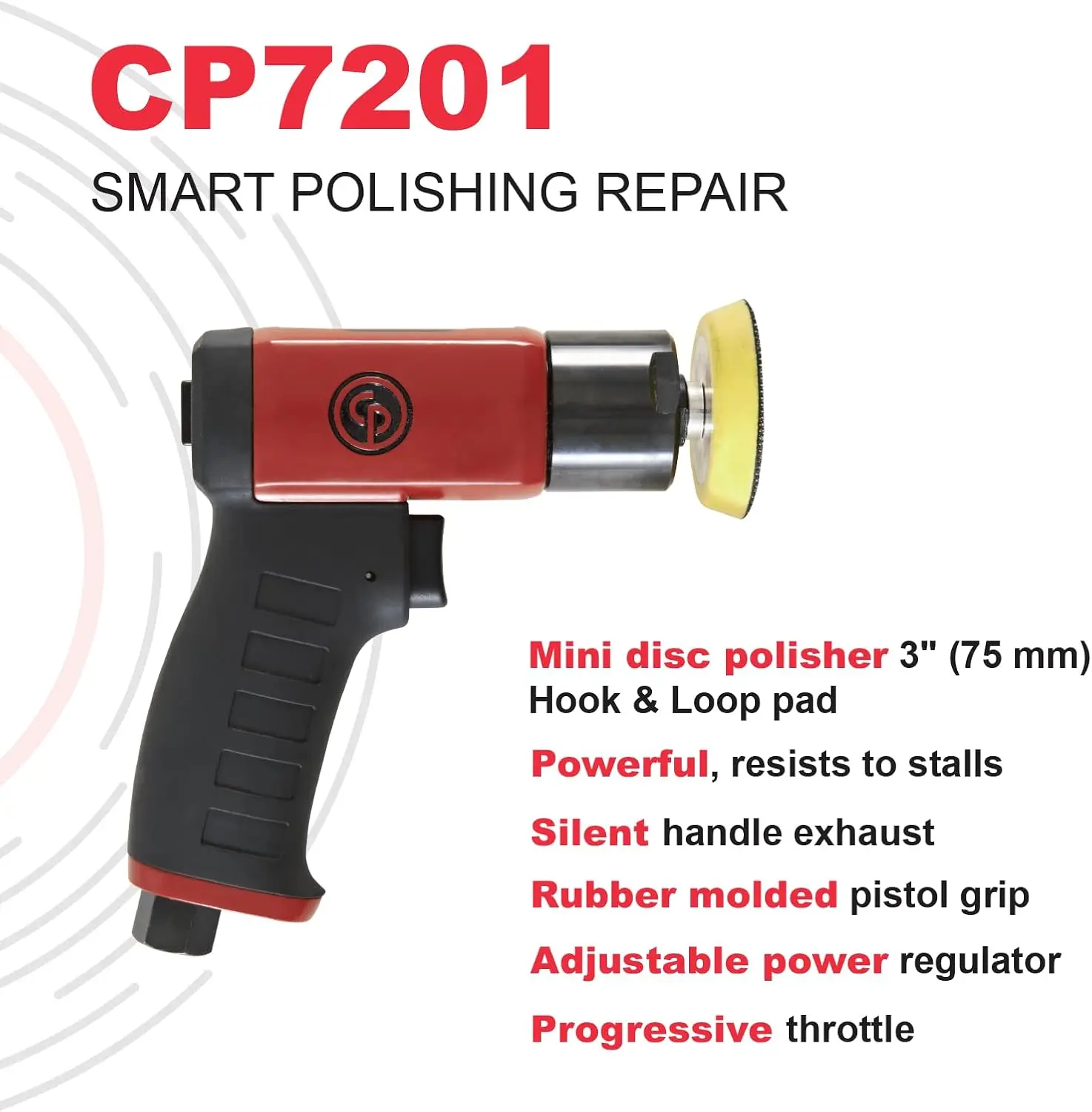 Pneumatic CP7201-3 Inch (75 mm) Air Polisher, Pistol Handle, Hook & Loop - 2,500 RPM