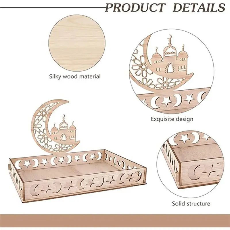 A20F-Ramadan Plate Eid Mubarak Tray Wooden Tray Table Decoration For Dessert Snacks Serving Tray With Moon And Star Pattern