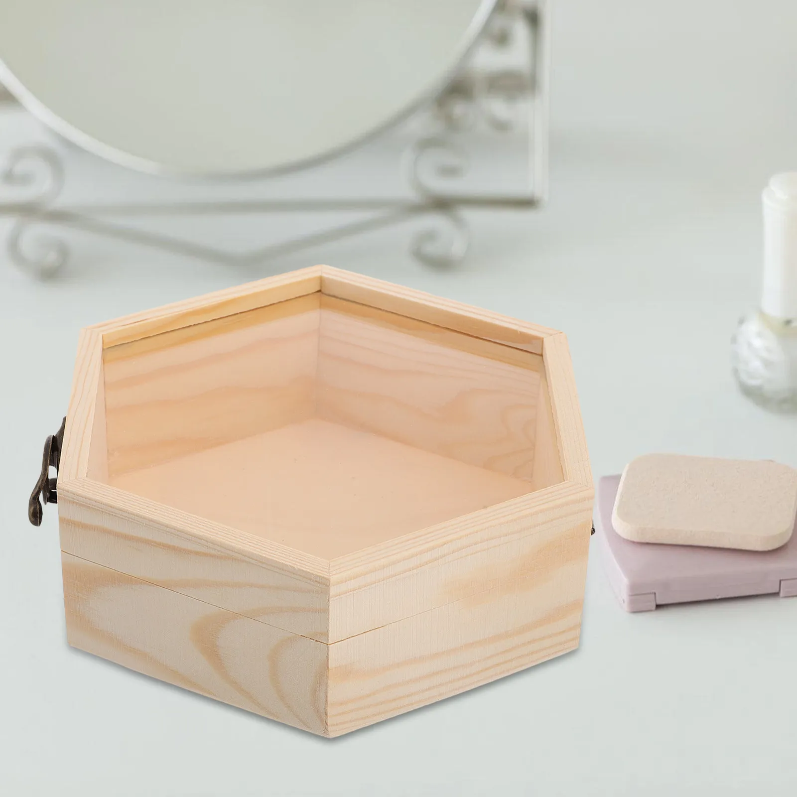 Caja de madera hexagonal para guardar objetos de valor, hecha de pino, con tapa de cristal transparente. Almacenamiento multifuncional para joyas, pequeños objetos, fotos y decoración del hogar.