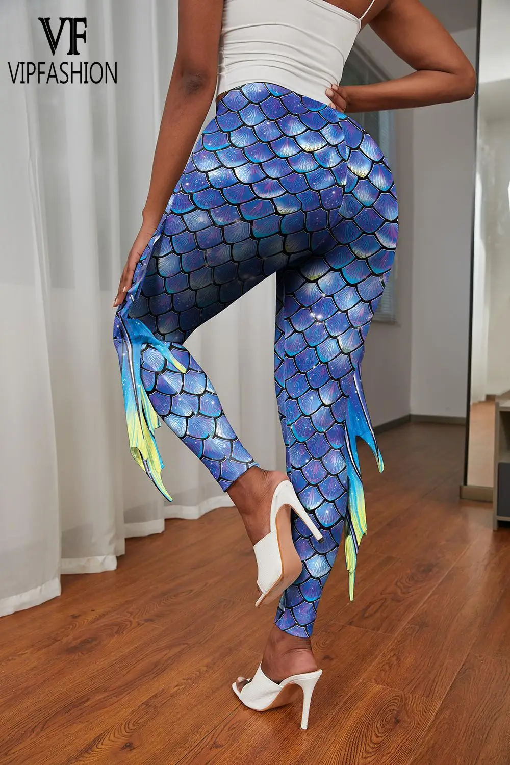 VIP FASHION Women Mermaid Leggings Summer High Waist Elastic Pants Seam Fish Scales Print Cosplay Trousers for Swimming Holiday