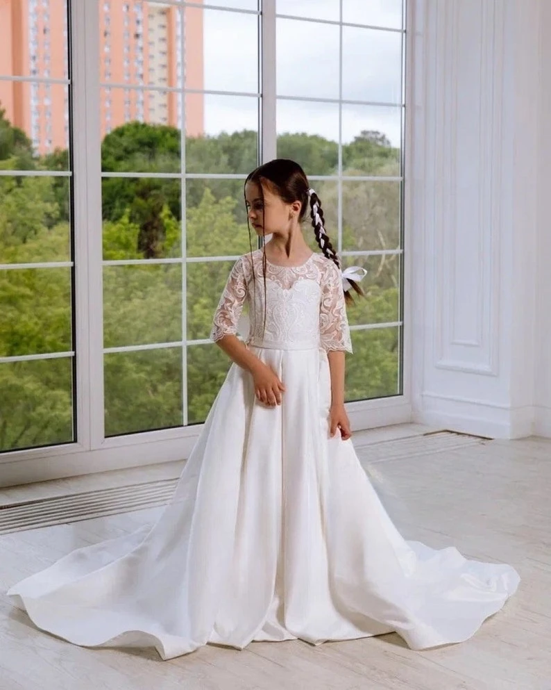 

Princess Satin Flower Girl Dress Kids Formal Lace with Train Satin Baby Dress Bride Girl Formal Dress Pageant Dresses for Girls
