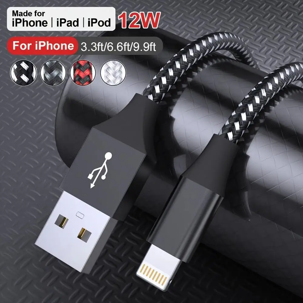 Cabo Lightning Trançado de Nylon LAIHONEN, 3.3/6.6/10FT, 4 Cores Opcionais, Cabo de Dados para Carregamento Rápido para iPhone 14 13 12 11 XS XR X