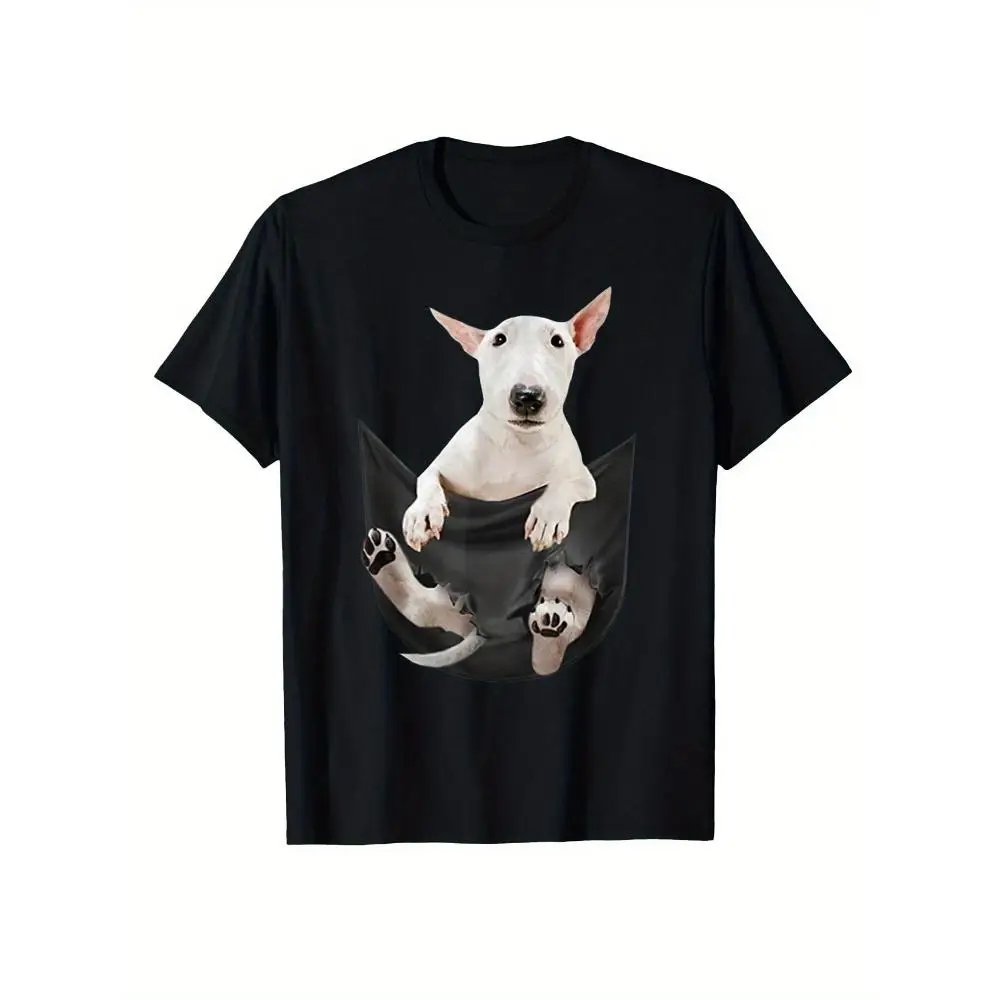 Men's Bulldog Pocket Graphic Short Sleeve T-Shirt Black Round Neck Regular Fit Dog Lover Gift Machine Washable Casual