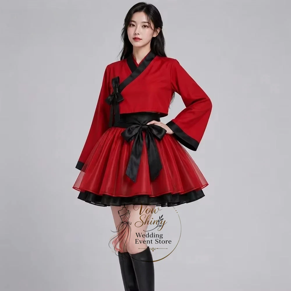 Vow Shiny Modern Contrast Color Short Concert Hanbok V Neck Korean Photo Shoot Performance Dress Customized 2 PCS Mini Dress