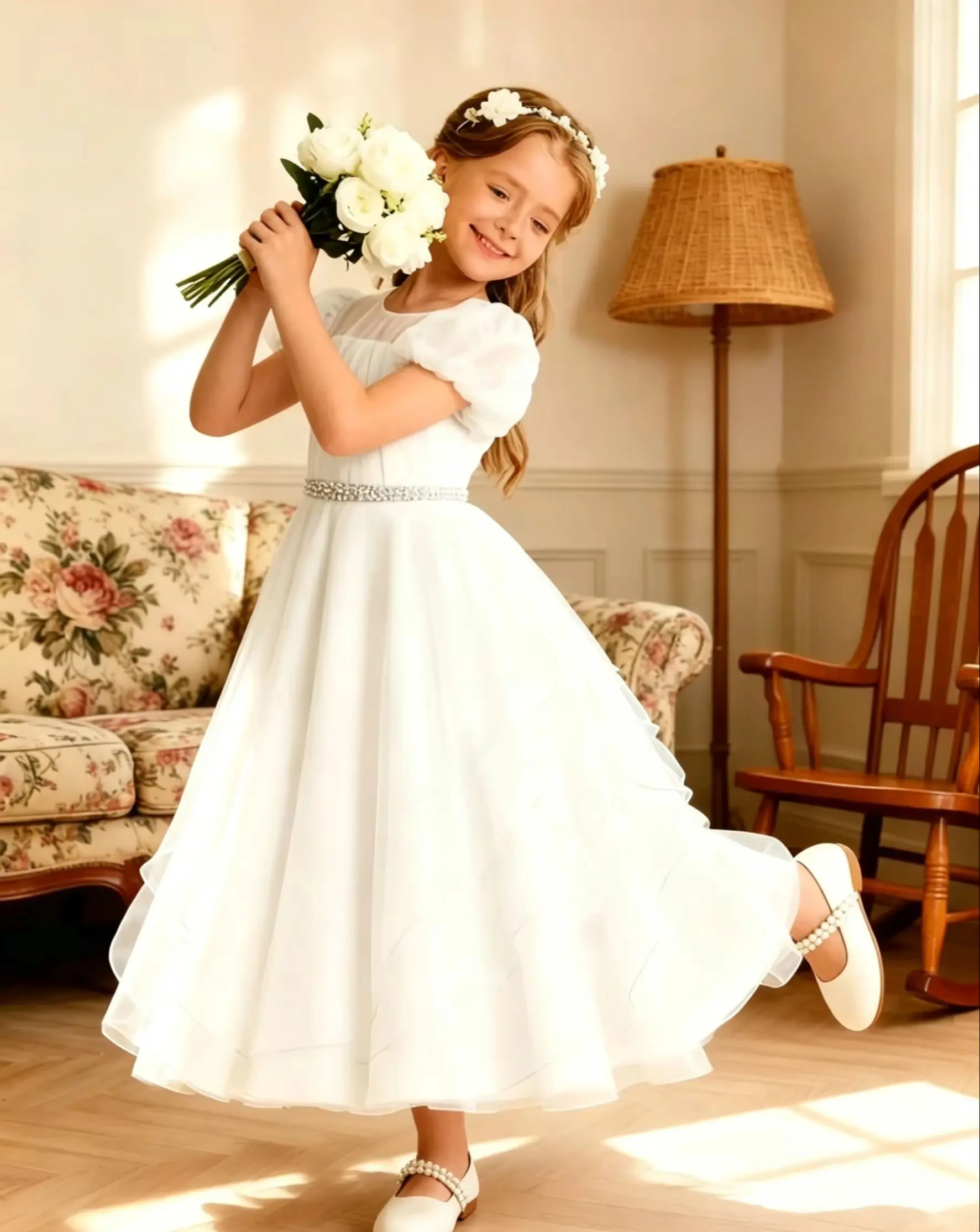 

Simply Flower Girl Dress For Wedding Short Sleeve Ankle Lenght Kids Birthday Party First Communion Ball Gowns Customized
