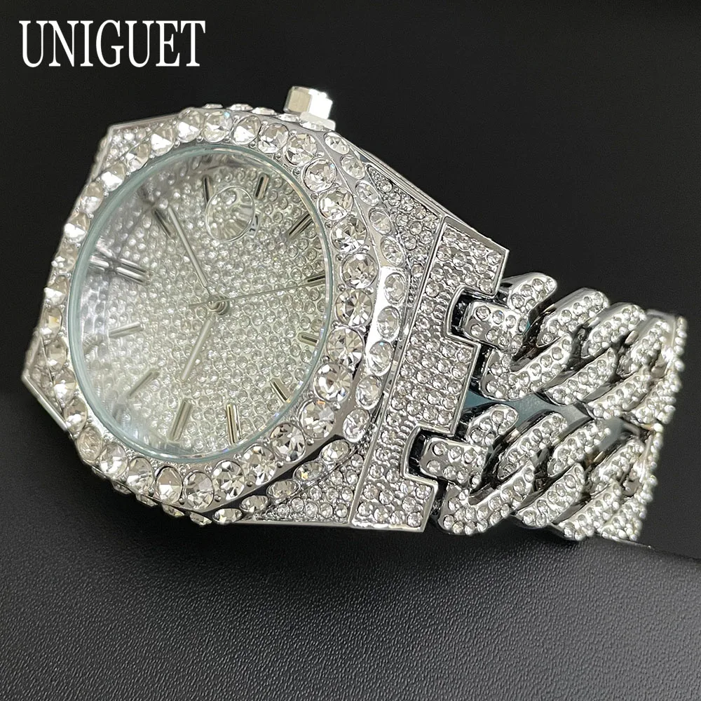 Orologio da ghiaccio alla moda per uomo, marca UNIGUET, orologio da polso al quarzo di lusso in acciaio inossidabile, orologio da uomo con catena cubana con diamanti Hip Hop