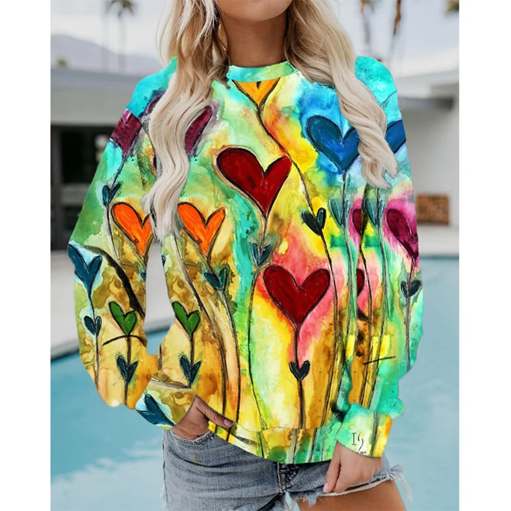الملونة نمط القلب الكتابة على الجدران الفن الحب ثلاثية الأبعاد طباعة بلوزات المرأة طويلة الأكمام هوديس الشارع الشهير البلوفرات الملابس النسائية