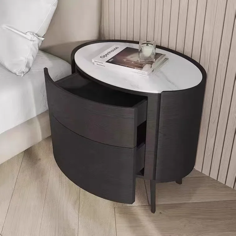 minimalist smoked solid wood bedroom bedside table Small apartment light luxury oval bedside table Premium storage cabinet