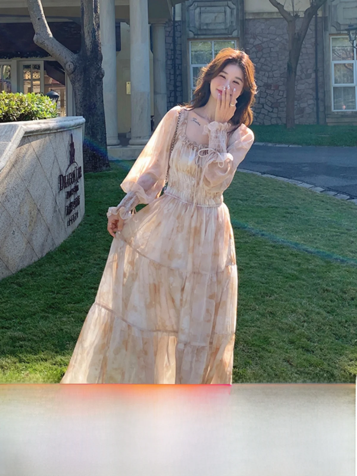 Ele Blumendruck Langer Damenrock für Frühling und Herbst mit Hoher Taille, A-Linie, Koreanischer Stil, für Pendler, Langer Rock für Teepausen