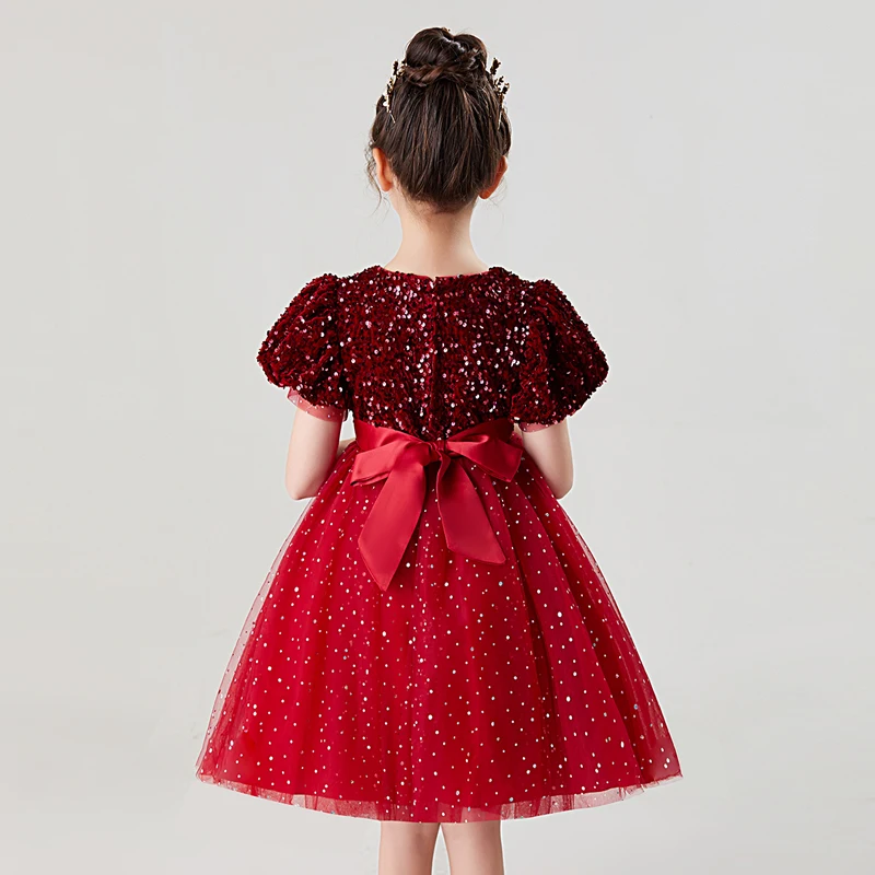 Girl's dress Skirt Christmas Dinner skirt sequin red Green Princess skirt short sleeve mesh gauze puffy skirt Bubble sleeves 045