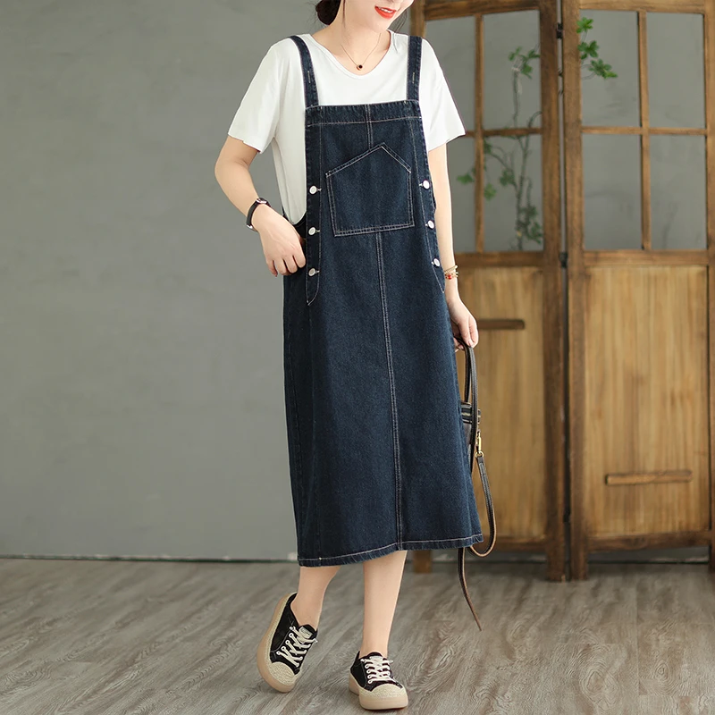 Aricaca New Style Dark Blue Loose Long Denim Dress M-2XL High Quality Casual Strappy Skirt