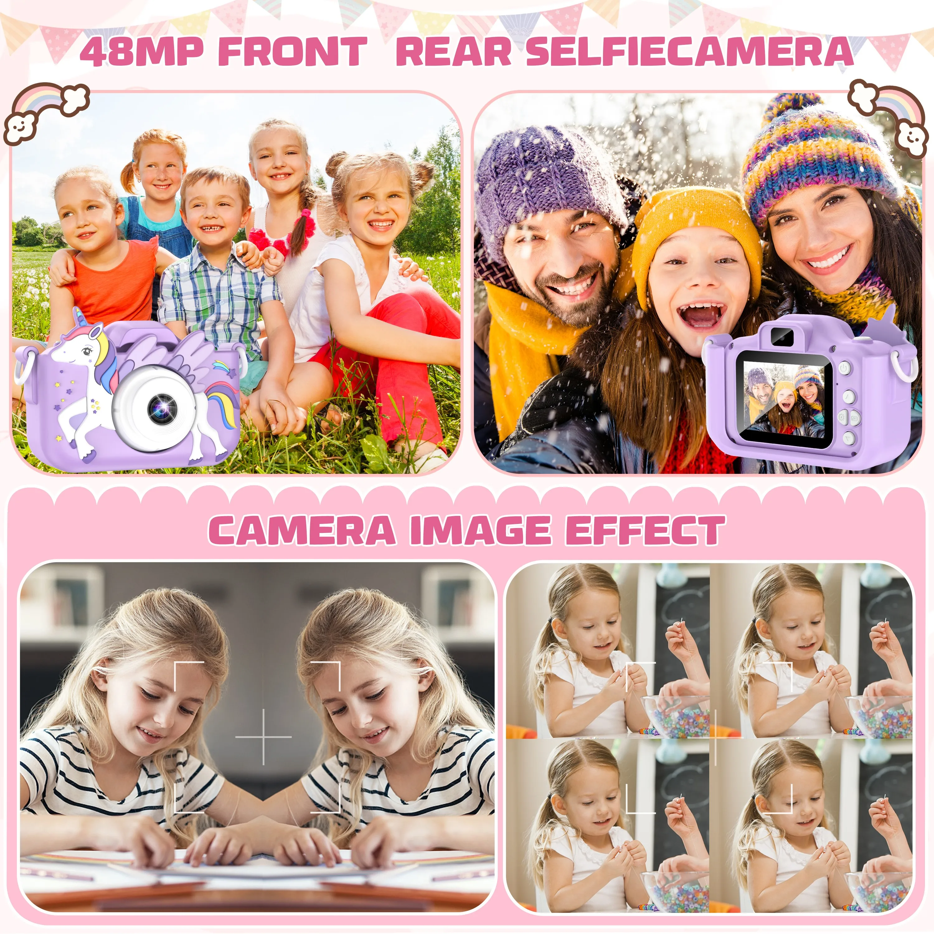 2.0 "appareil photo numérique pour enfants caméra de dessin animé Rechargeable jouet 48MP 1080P HD Mini caméra Selfie cadeau pour garçons filles