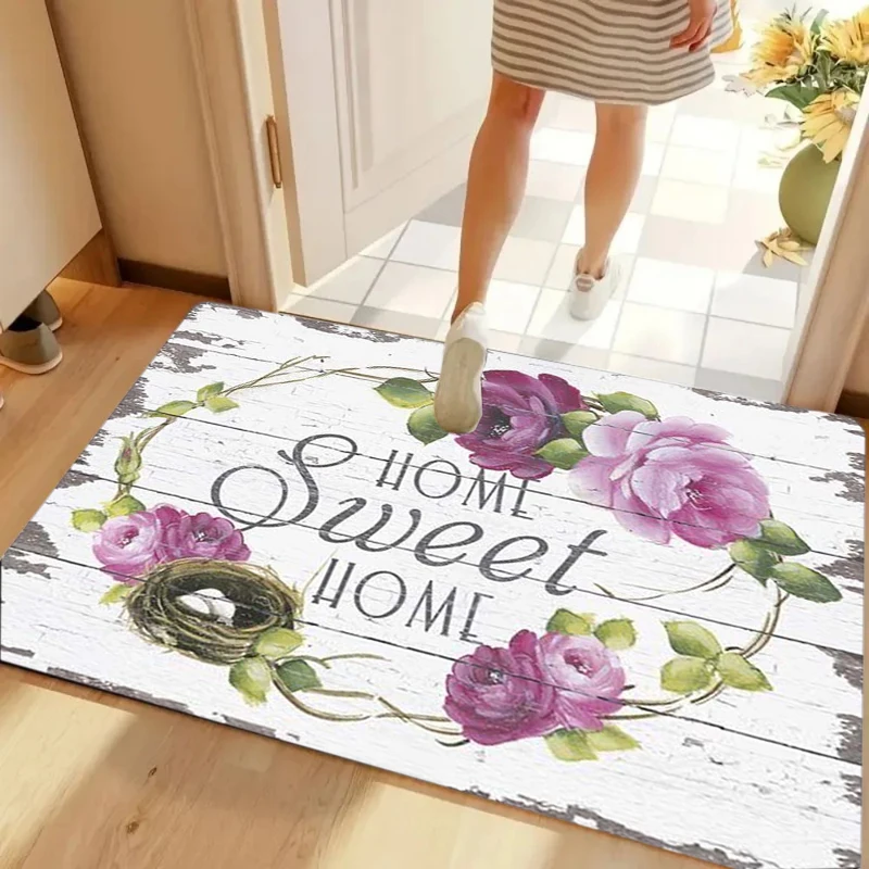 White Wood Home Sweet Home Purple Rose Wreath Bird Twig Vine Entrance Mat Non-Slip Doormat for Front Door Porch Nest