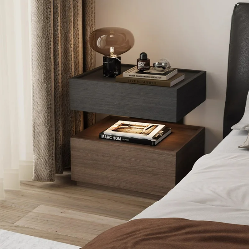 

Italian Minimalist Bedside Table with Built-in LED Light Floating Nightstand for Small Spaces Luxury Storage Cabinet No