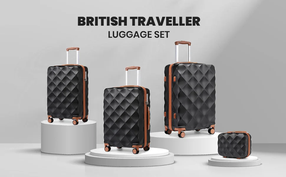 Four-piece black quilted luggage set with rose gold accents, displayed on pedestals. Includes three suitcases and a toiletry bag.