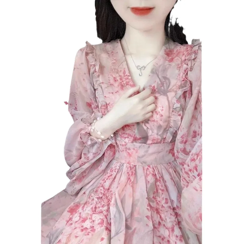 Französisch Stil Sommer Rosa Blumen Laterne Hülse frauen Herbst High-Grade Lange Kleid Elegante Tüll Abnehmen