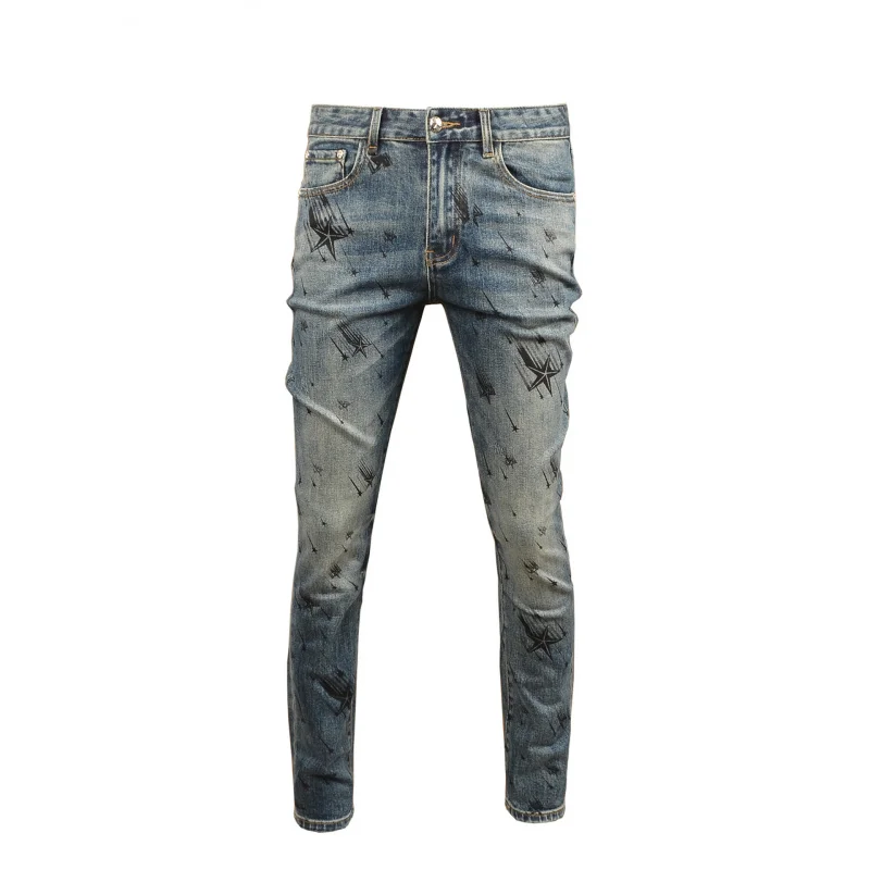 

Мужские джинсы с ретро-принтом, легкий роскошный тренд, элитная стрейч, маленькие ноги, прочные и красивые уличные повседневные брюки