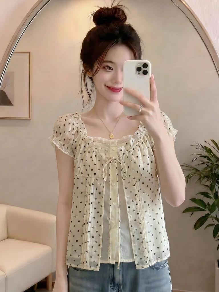

Polka Dot Short Sleeve Shirt Women's Summer New Style Big Size Fat MM Anti-Aging Doll Shirt Top Korean Style Commute Wind