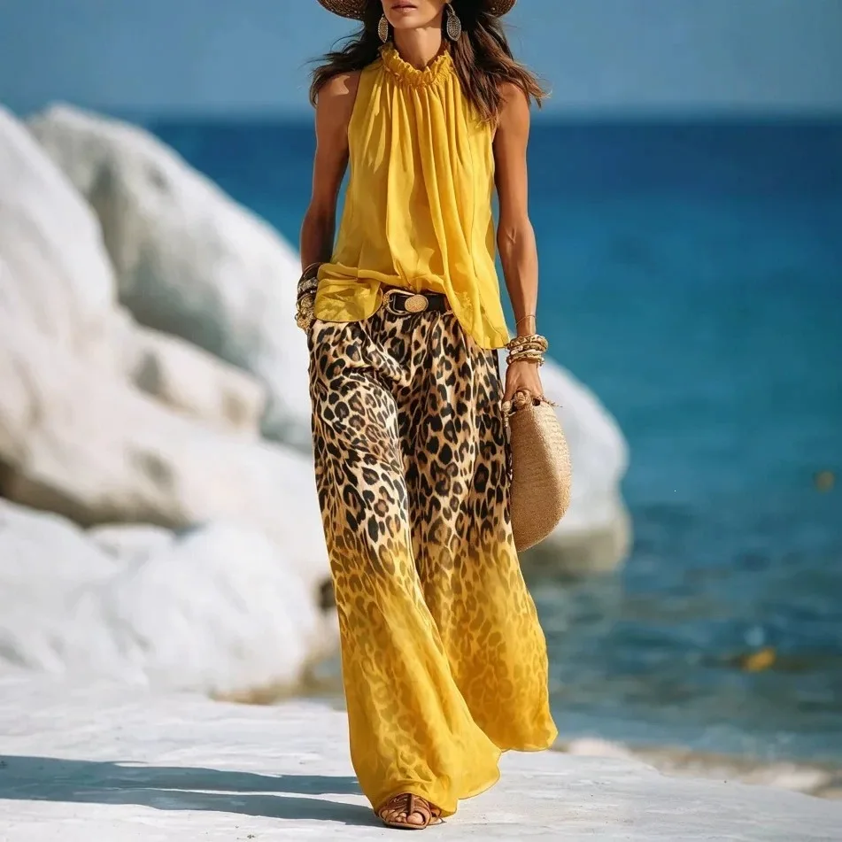 2026 Fashion Trend: New Blue Neck-Worn, Sleeveless Chiffon Top with Leopard Print Gradient Wide-Leg Pants Set