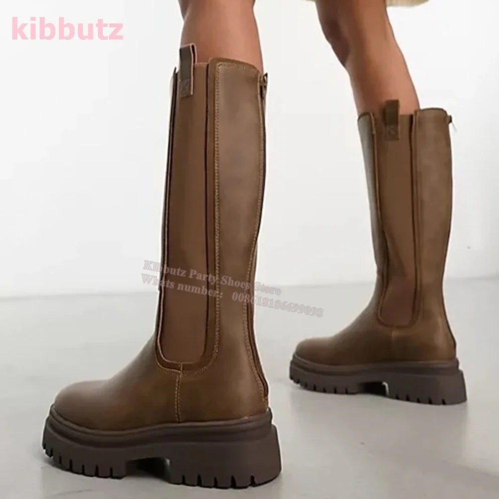 

Thick Bottom Knee High Boots Platform Round Toe Square Heel Genuine Leather Slip-On Solid Color Fashion Sexy Concise Women Shoes