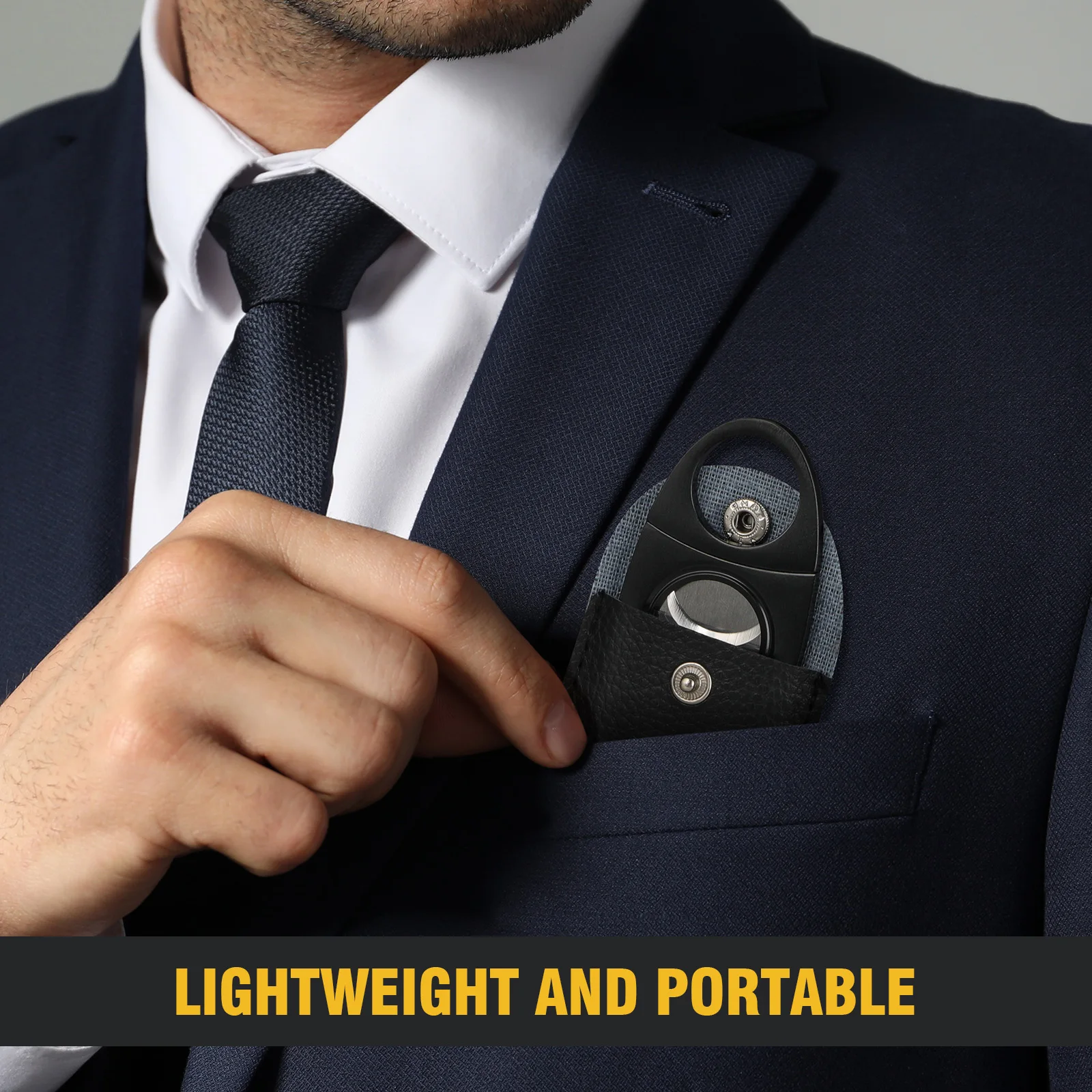 Tesonway-Cigar Cutter with Leather Case for Men, Stainless Steel, Double Cut Blade Guillotine, Cigar Accessories