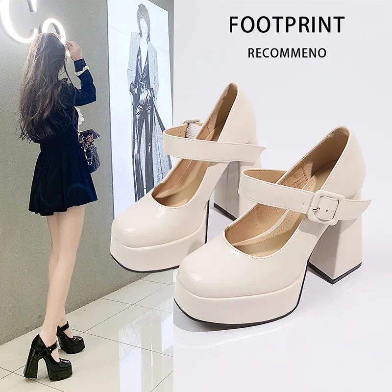 12 سنتيمتر الترا عالية الكعب ماري جين مضخات للنساء صندل بكعب مكتنز النمط الفرنسي براءات الاختراع والجلود فستان أحذية مع حزام الكاحل