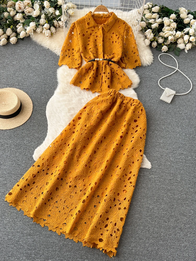 

Summer Elegant Casual Hollowed Out Lace Suits Summer Ruffled Collar Short Top+midi Pleat Skirt Two-piece Sets